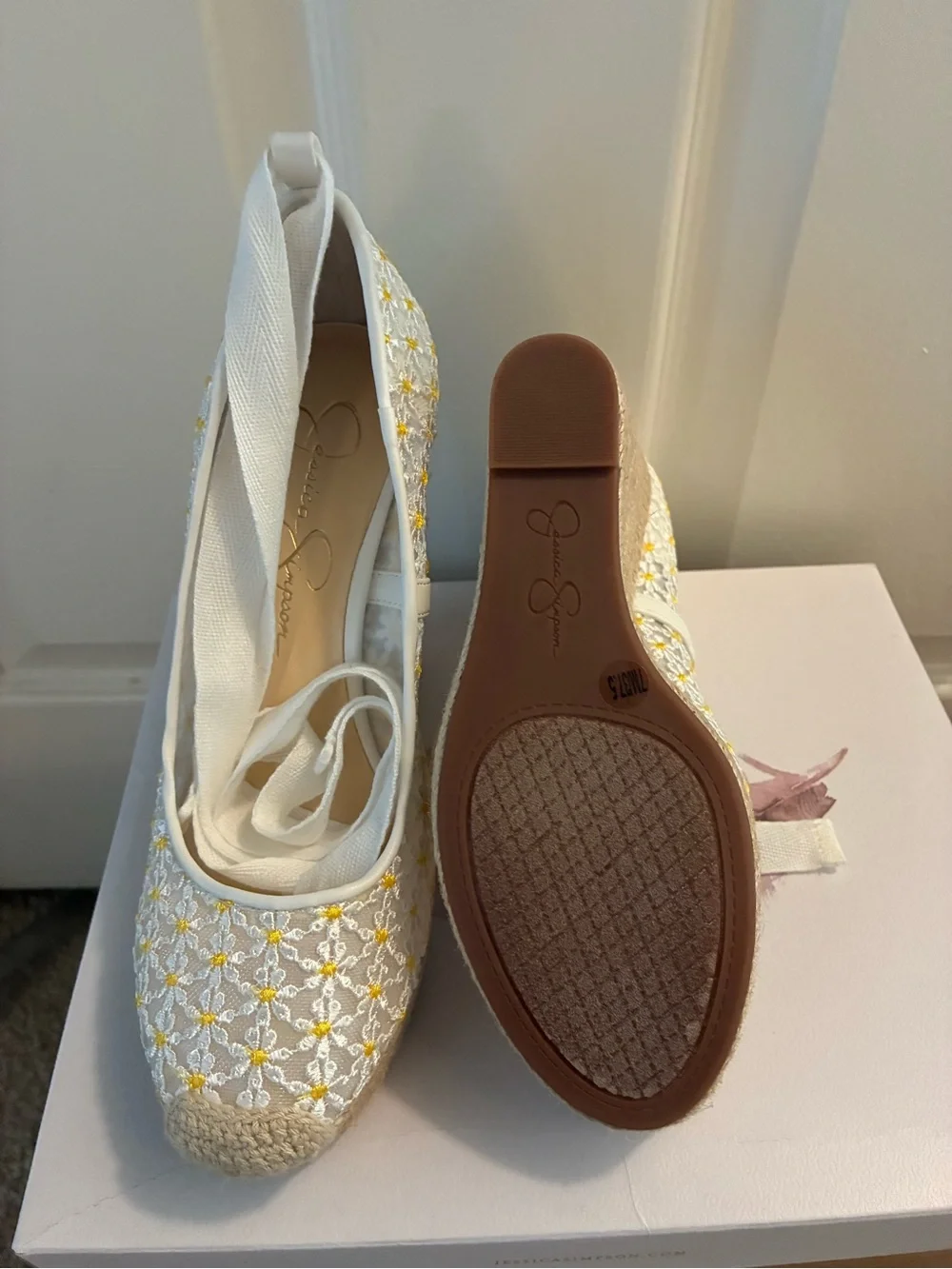 Jessica Simpson White Espadrille Wedges with Yellow Floral Embroidery